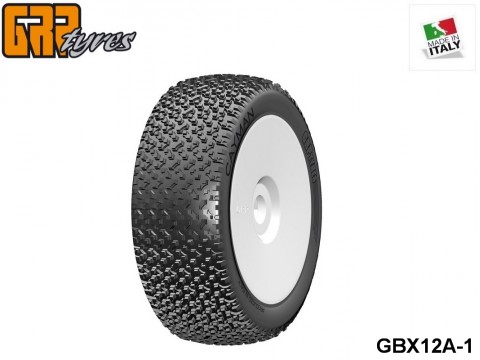 GRP-Tyres GBX12A 1:8 BU - CAYMAN - A Soft - Closed Cell Insert - Mounted on Closed White Wheel (1-Pair) 1-pack UPC: 802032725543 EAN: 8020327255435