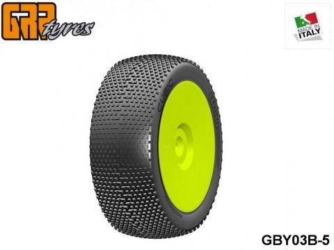 GRP-Tyres GBY03B 1:8 BU - CUBIC - B Medium - Closed Cell Insert - Mounted on Closed Yellow Wheel (1-Pair) 5-pack UPC: 802032725755 EAN: 8020327257552