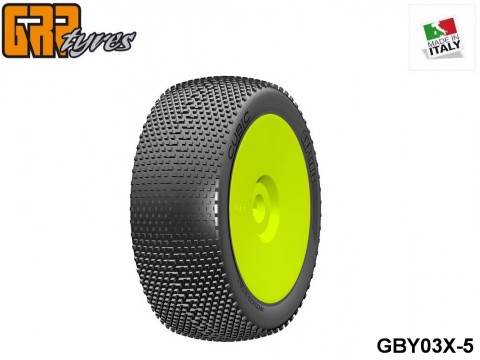 GRP-Tyres GBY03X 1:8 BU - CUBIC - X ExtraSoft - Closed Cell Insert - Mounted on Closed Yellow Wheel (1-Pair) 5-pack UPC: 802032725560 EAN: 8020327255602