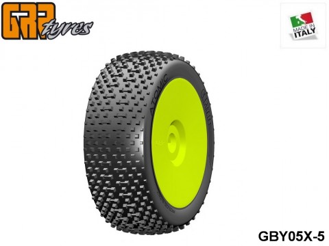 GRP-Tyres GBY05X 1:8 BU - ATOMIC - X ExtraSoft - Closed Cell Insert - Mounted on Closed Yellow Wheel (1-Pair) 5-pack UPC: 802032725562 EAN: 8020327255626