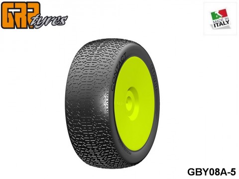 GRP-Tyres GBY08A 1:8 BU - CONTACT - A Soft - Closed Cell Insert - Mounted on Closed Yellow Wheel (1-Pair) 5-pack UPC: 802032725567 EAN: 8020327255671